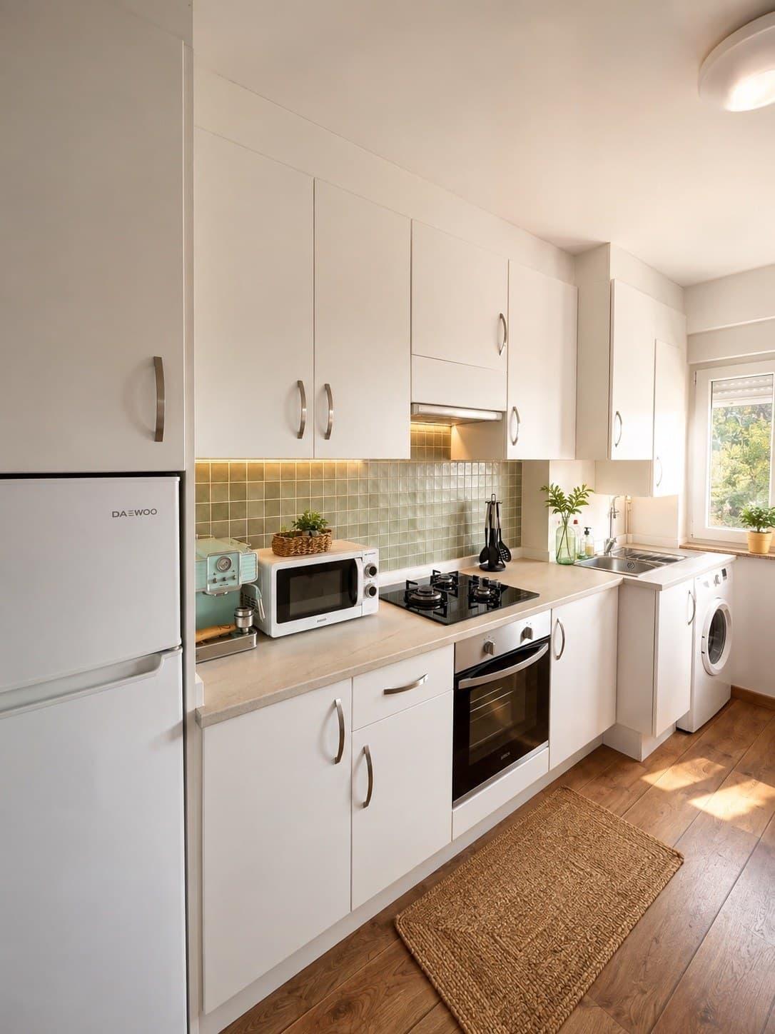 Cocina moderna y luminosa con cafetera, horno, microondas y lavadora